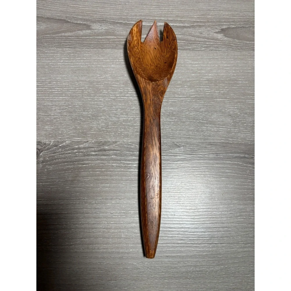 Vintage Handcrafted Wood Salad Server Set Large Spoon and Fork Tapered Handles